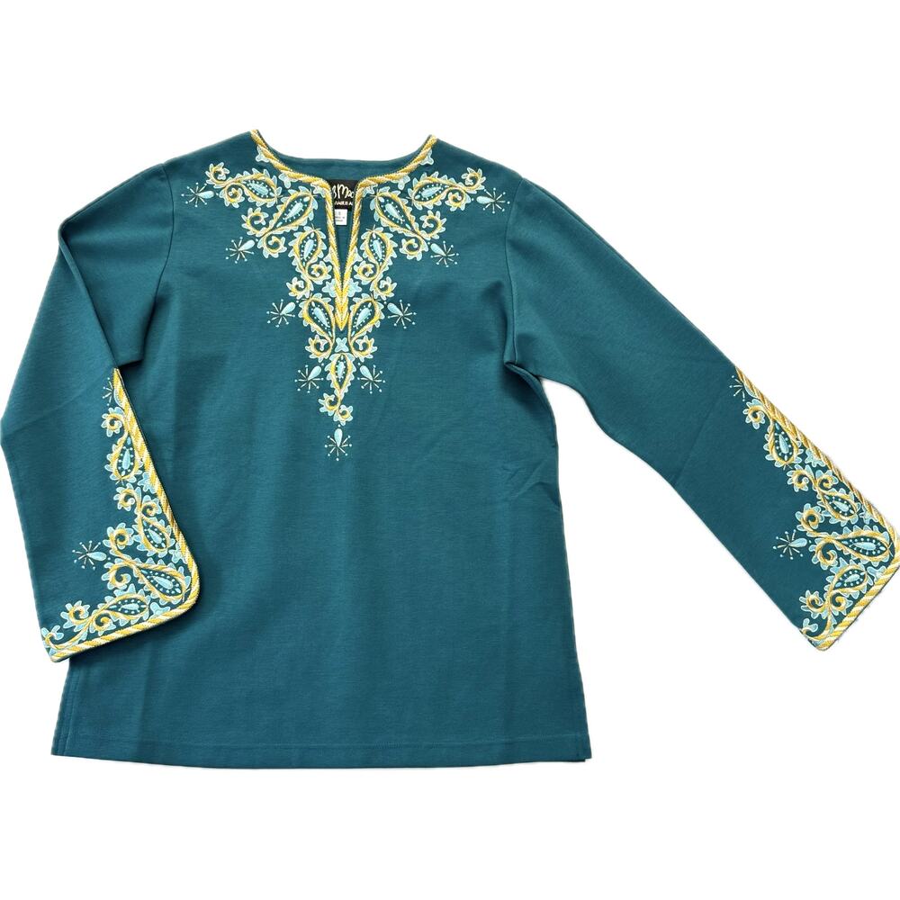 BOB MACKIE Wearable Art Long Sleeve Stretch Pullover Top Women's Sz S Sea Green